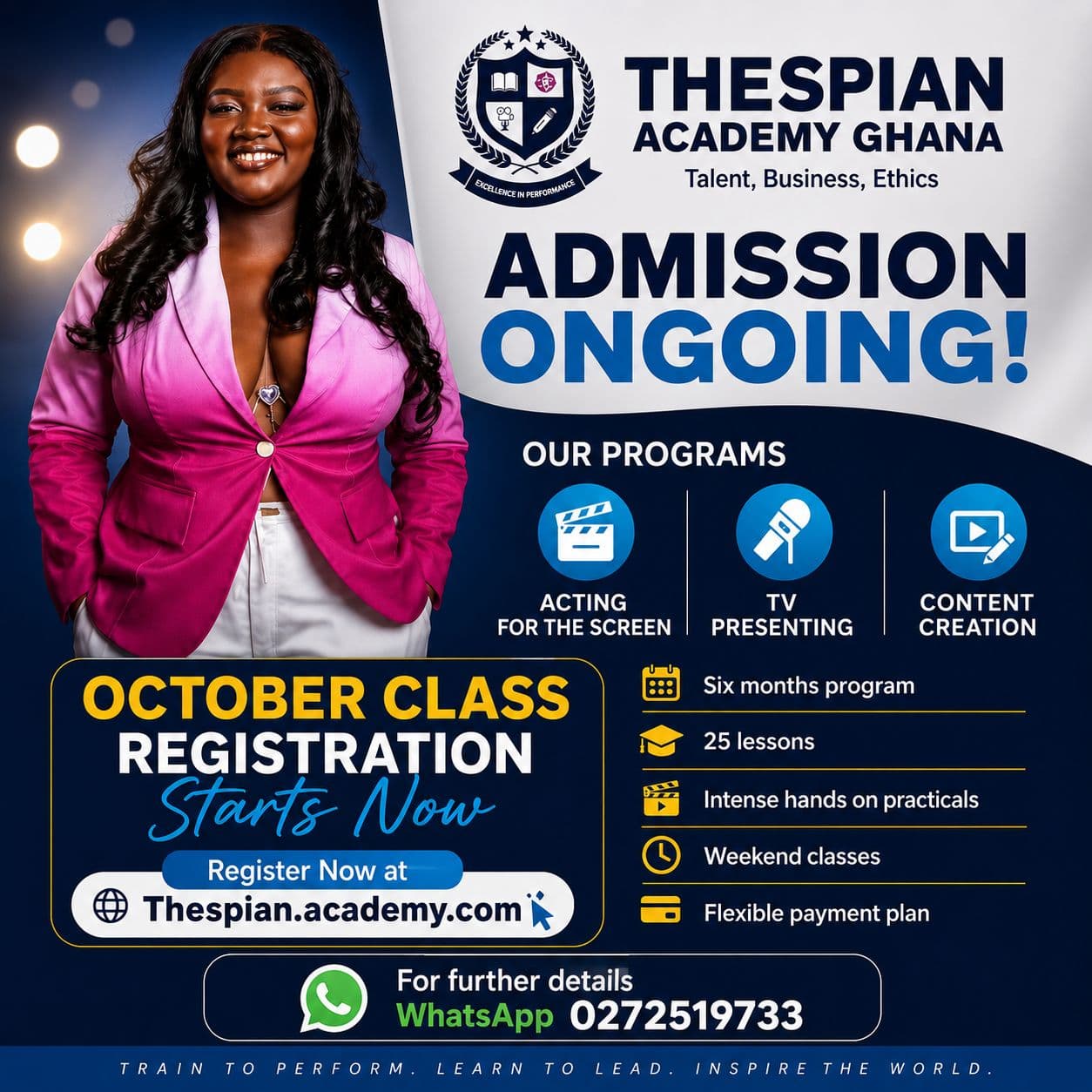 Thespian Academy Ghana admission flyer: registration for the October class is open